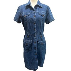 St. John's Bay Women's Denim Chambray Fitted Petite Dress Button Down Vintage